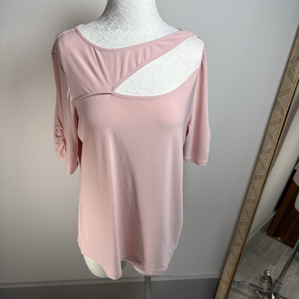 NWT*I Perception Concept Womens XL Pink Cutout Top Coquette Ruched Sleeve - Picture 1 of 14